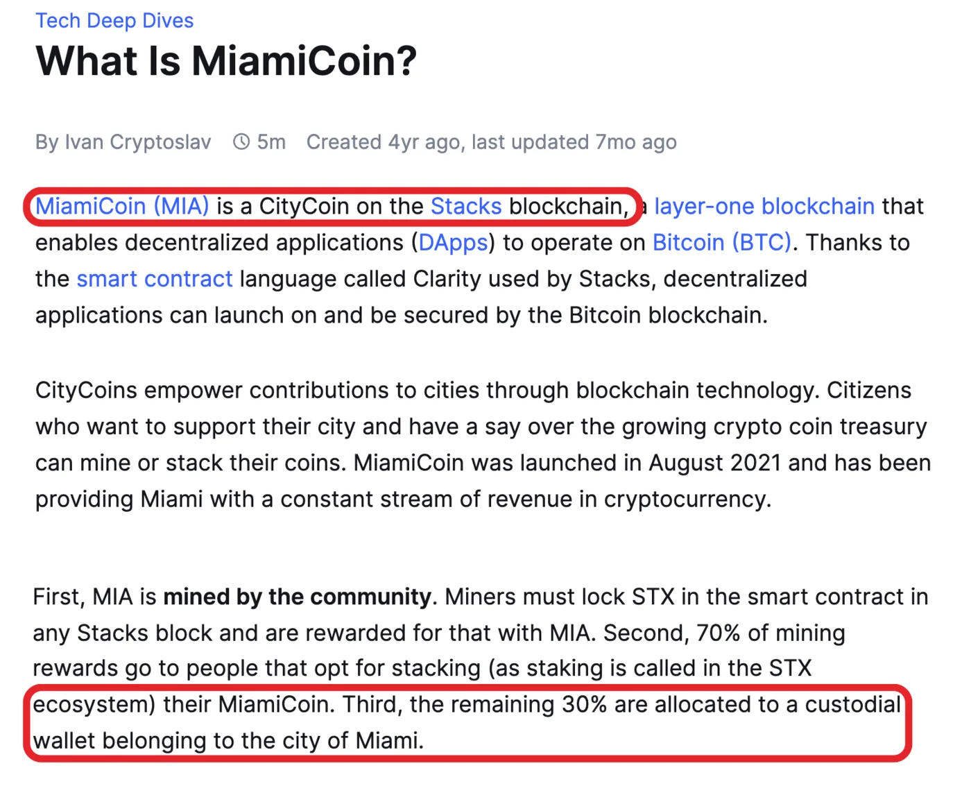 CoinMarketCap Academy, “What Is MiamiCoin?”. Boxed in red: “MiamiCoin (MIA) is a CityCoin on the Stacks blockchain” and “Third, the remaining 30% are allocated to a custodial wallet belonging to the city of Miami.” Between them: “MiamiCoin was launched in August 2021”.